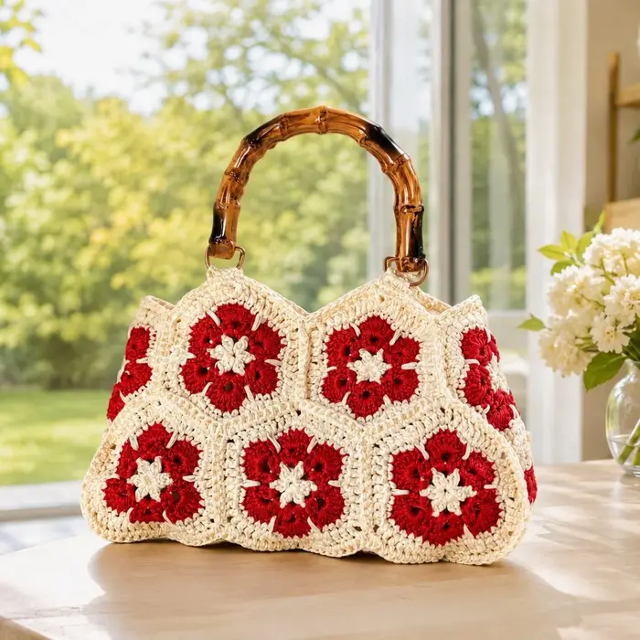 Sac en crochet floral tissé à la main avec une belle poignée – Sac fourre-tout rétro style Granny Square pour femme