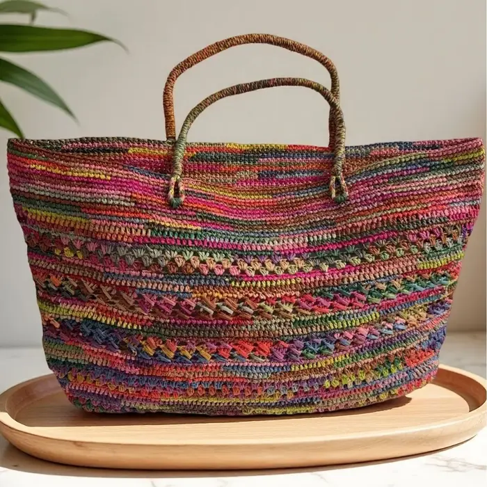 Sac seau coloré en raphia crocheté à la main pour femme