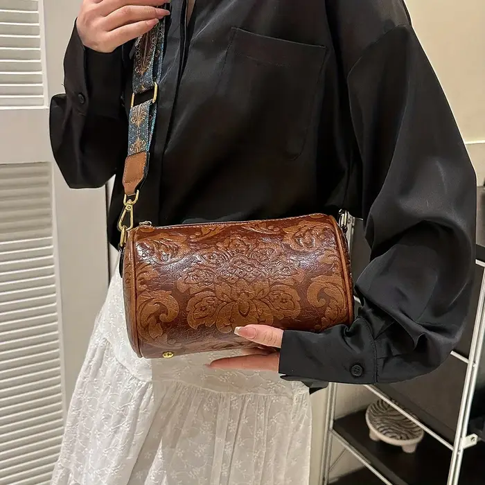 Retro Embossed Flower Leather Shoulder Bag