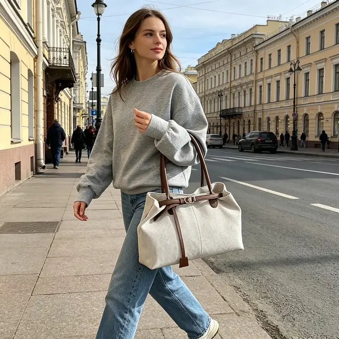 Sac fourre-tout élégant en mélange de lin avec poignées en cuir et détail boucle, sac à main chic à porter à l'épaule ou sous le bras pour le travail, les voyages et le quotidien