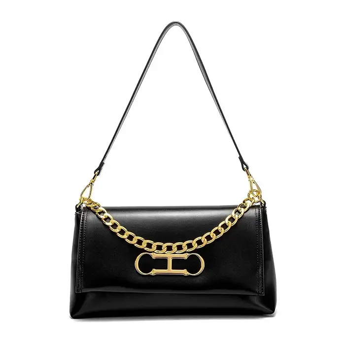 Sac à rabat en cuir de luxe CH, gaufrage premium, chaîne métallique brillante, fermeture éclair liss