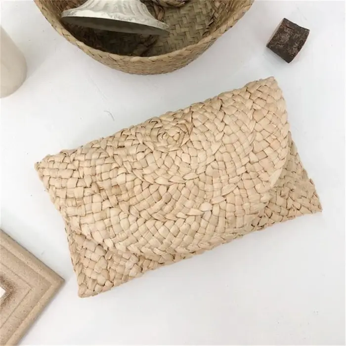 Femmes mode rabat enveloppe sacs été sac de plage portefeuille fait à la main paille tricoté sac