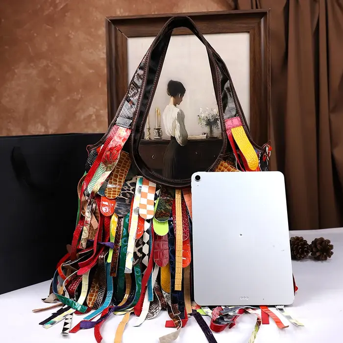 Sac à main en cuir véritable à franges pour femmes, fabriqué à la main, blocage de couleur, grande c