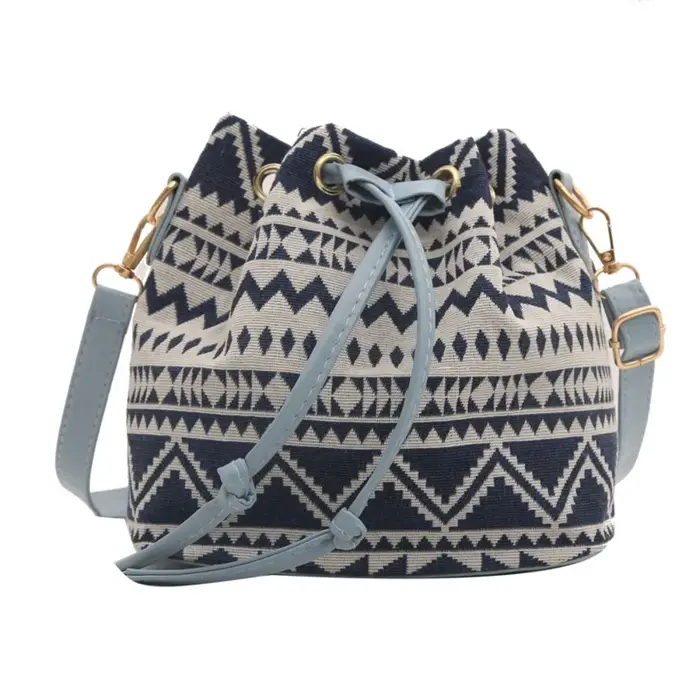 Sac seau en tissu de lin à motif floral, sac à bandoulière réglable avec cordon de serrage, sac band