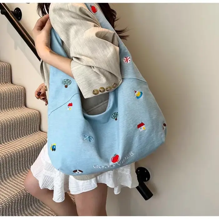 Sac à bandoulière à fermeture éclair, Design brodé, sac en toile de Style coréen, Style doux, Design