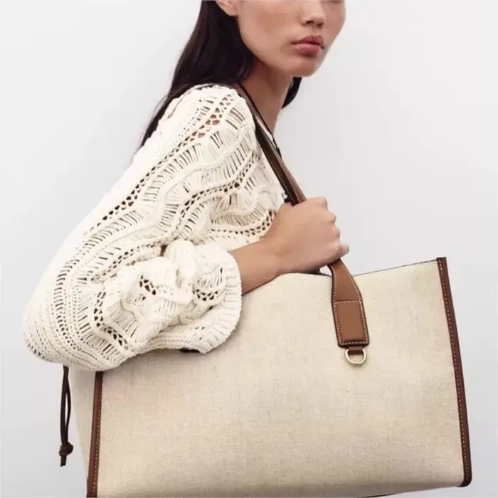 Sac fourre-tout JIAERDI beige à blocs de couleur pour femme