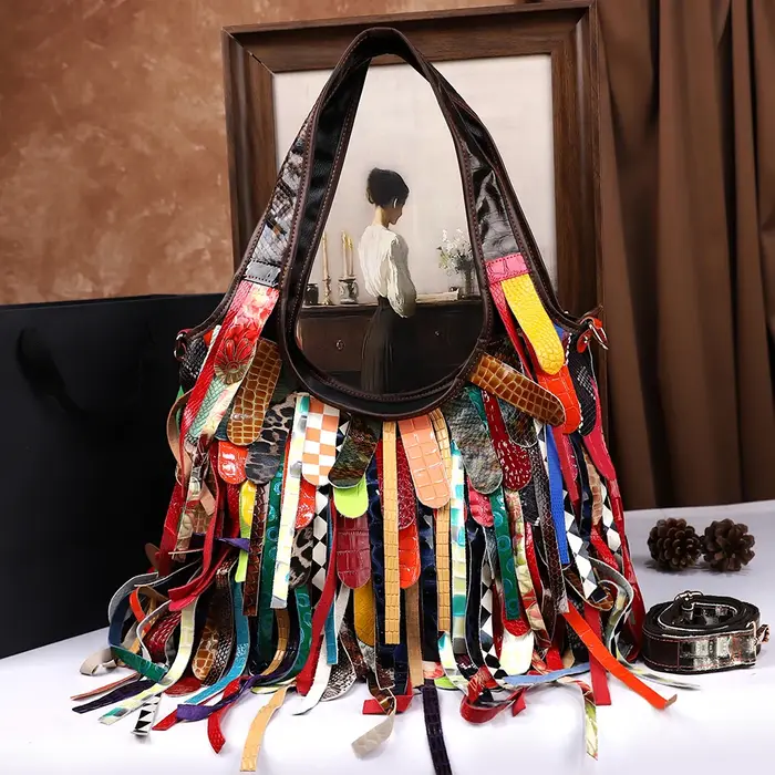 Sac à main en cuir véritable à franges pour femmes