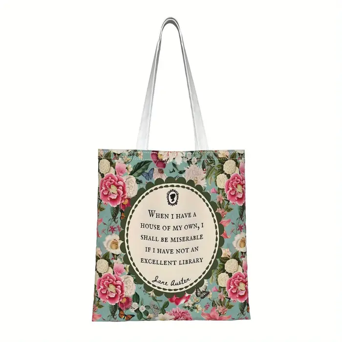 Sac fourre-tout à imprimé floral avec citation de Jane Austen, adapté à un usage quotidien, au shopp