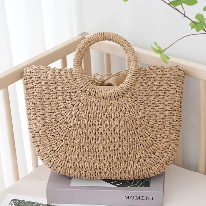 Sac d'été en paille demi-lune pour femmes, sac à main Portable fait à la main, sac de plage de grand