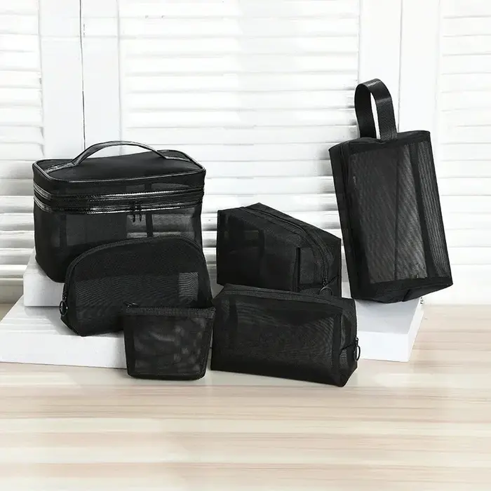 Trousse de maquillage en maille noire pour femme