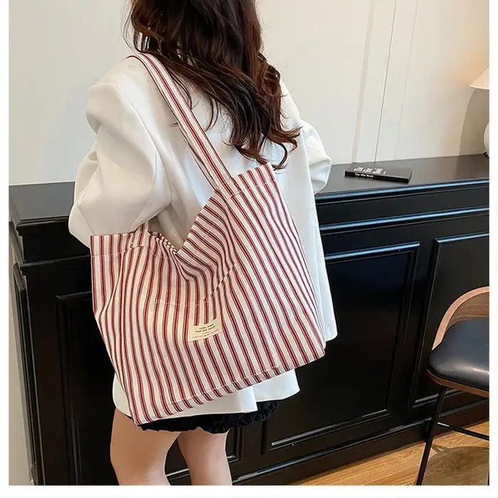 Nouveau Sac de Plage Cabas Tendance pour Femme en Toile Rayée Grande Capacité Sac à Bandoulière Sac à Main