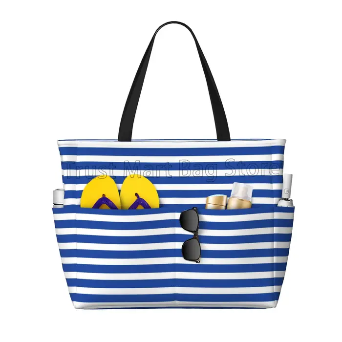 Grand sac de plage bleu rayé pour femme