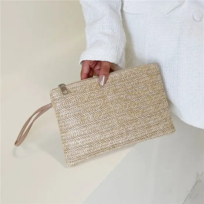 Pochette pour femmes sac à dos fait à la main mode dames bracelet fille téléphone solide paille tissé porte-monnaie plage portefeuille frais doux