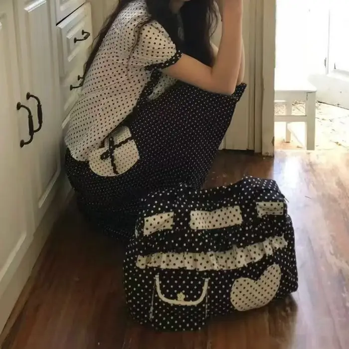 Sac fourre-tout en toile à pois rétro avec imprimé cœur