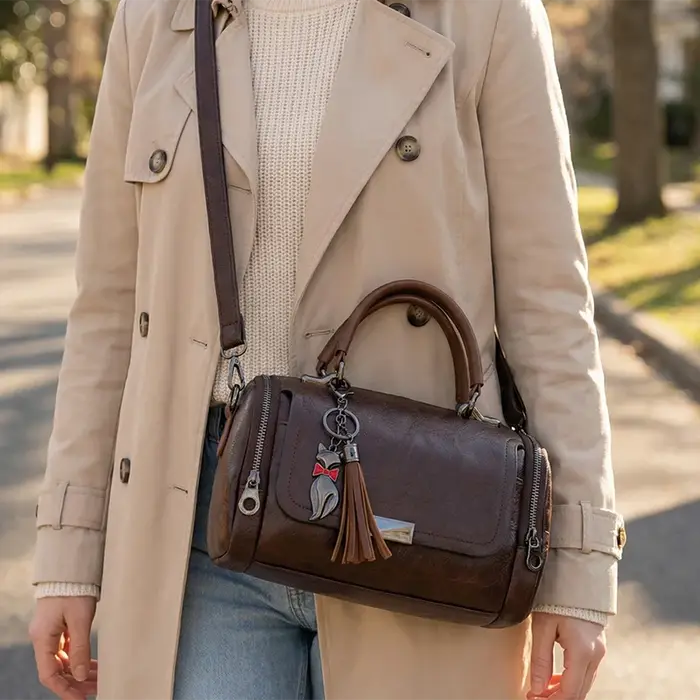 Sac Boston rétro en cuir PU noir pour femme