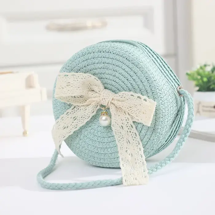 Sac en paille avec nœud en dentelle, mignon, tissé à la main, léger, sac de plage d'été, fermeture é