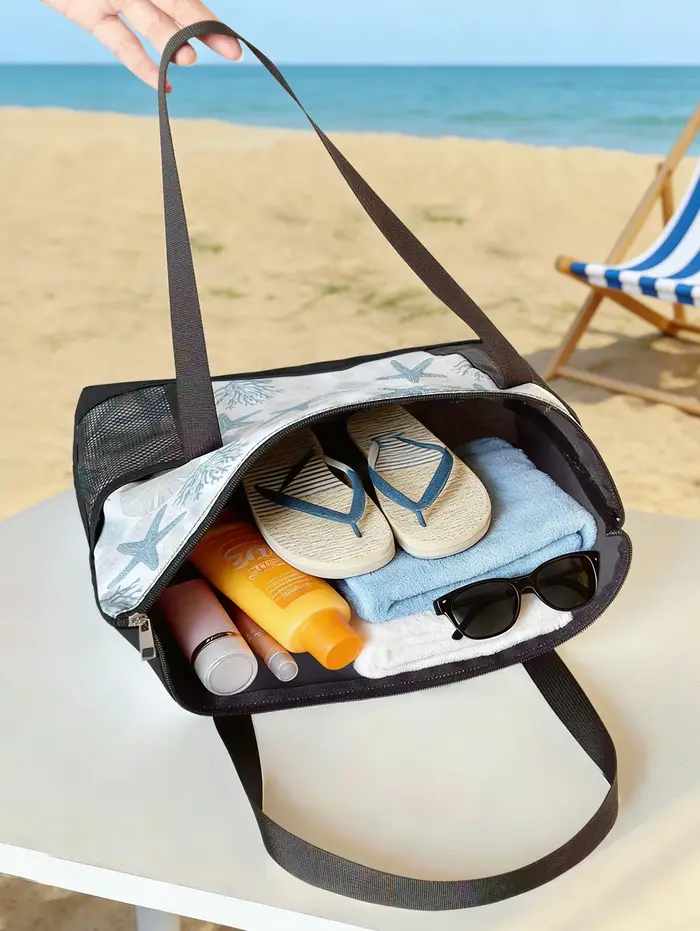 Grand sac de plage à imprimé corail et étoile de mer