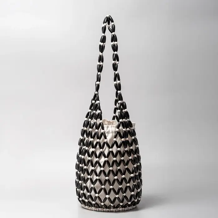 Sac à main tissé pour femmes, Design exquis, fourre-tout en perles de bois ajourées, sac seau à band