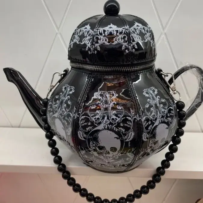Vintage gothique noir crâne théière forme sac à main femmes perle chaîne Lolita sacs à bandoulière dames Harajuku