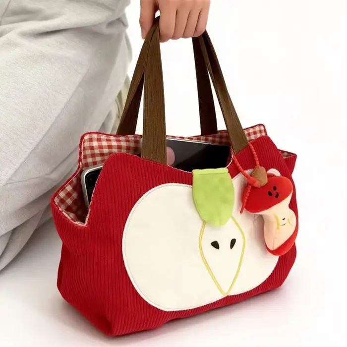 Sac à main pomme rouge créatif et mignon en velours côtelé