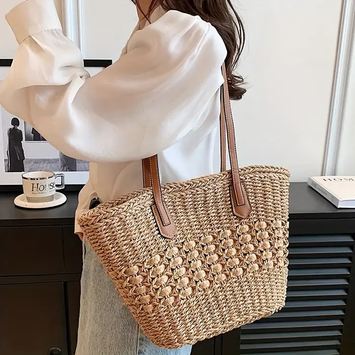 Sac fourre-tout en paille tressée de grande capacité