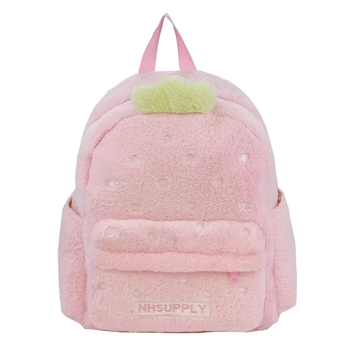 Sacs à dos classiques en peluche couleur unie motif fraise pour femmes 2026 – Grande capacité avec p