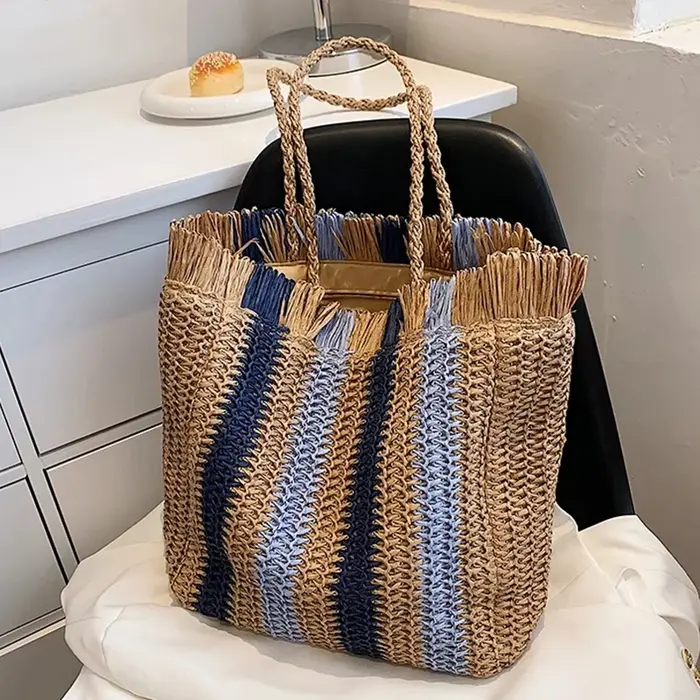 Sac à main en paille rayé pour femmes