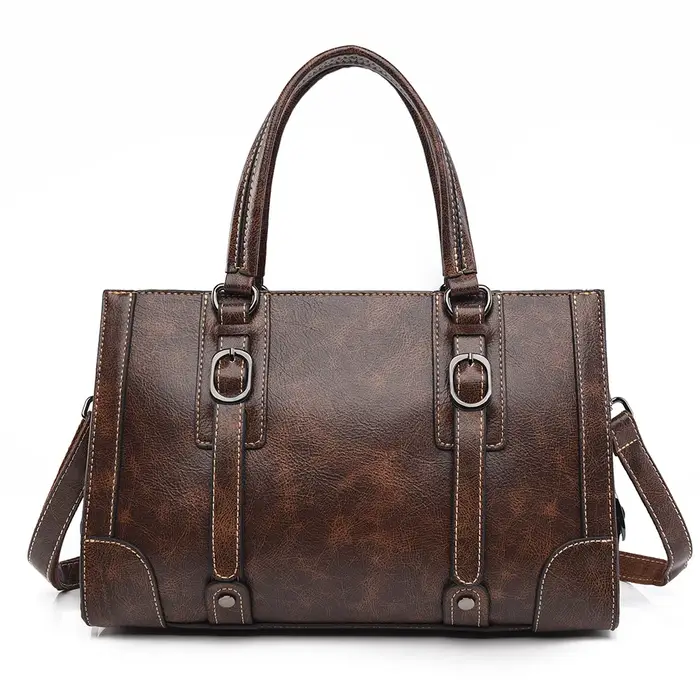 Sac à main rétro marron pour femmes, fourre-tout en cuir PU de grande capacité, sac à bandoulière av