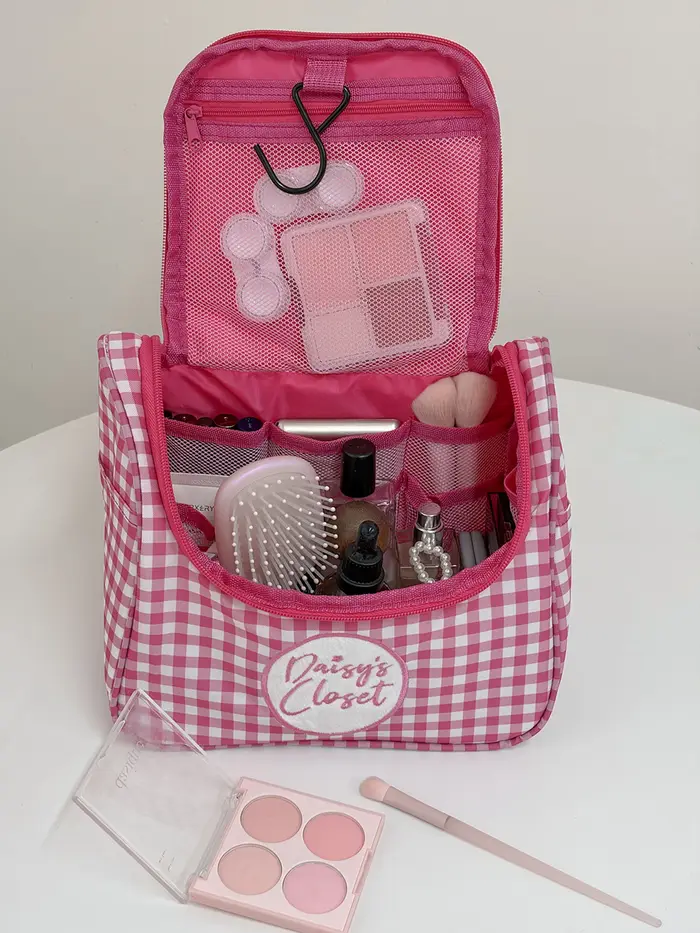 Pochette de maquillage Airfriend à motif quadrillé, sac de voyage matelassé pour organiser les cosmétiques, trousse de toilette de luxe pour femmes, vente en gros