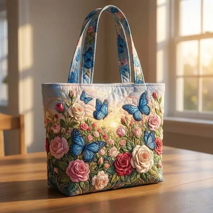 Sac fourre-tout matelassé pour femmes à motifs papillons, sac à bandoulière en toile légère à motifs