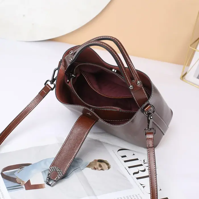 Sac seau en cuir véritable ciré d'huile pour femmes, sac à main décontracté et Simple, grande capaci