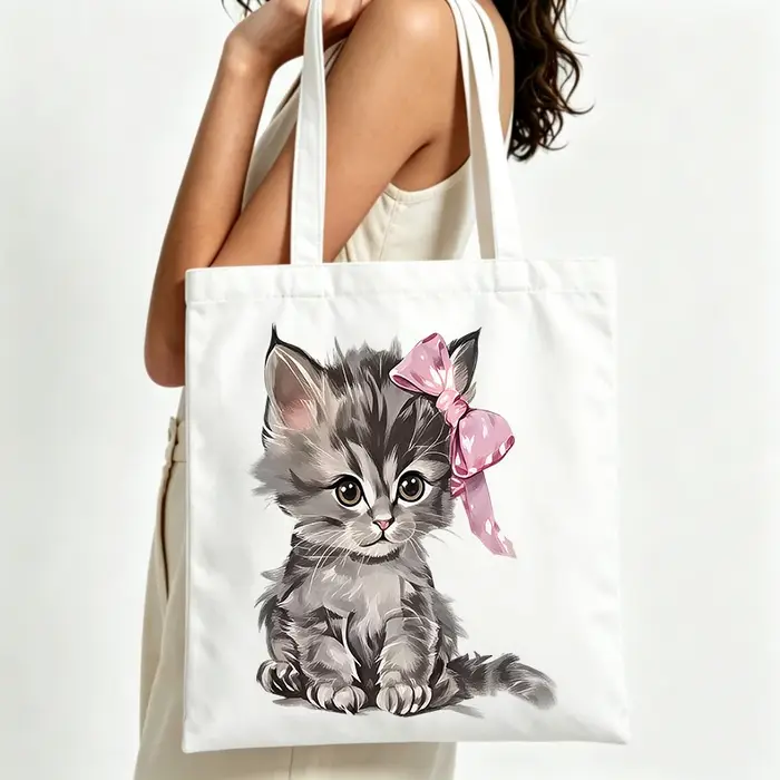 Sac fourre-tout en toile avec motif chaton mignon et nœud