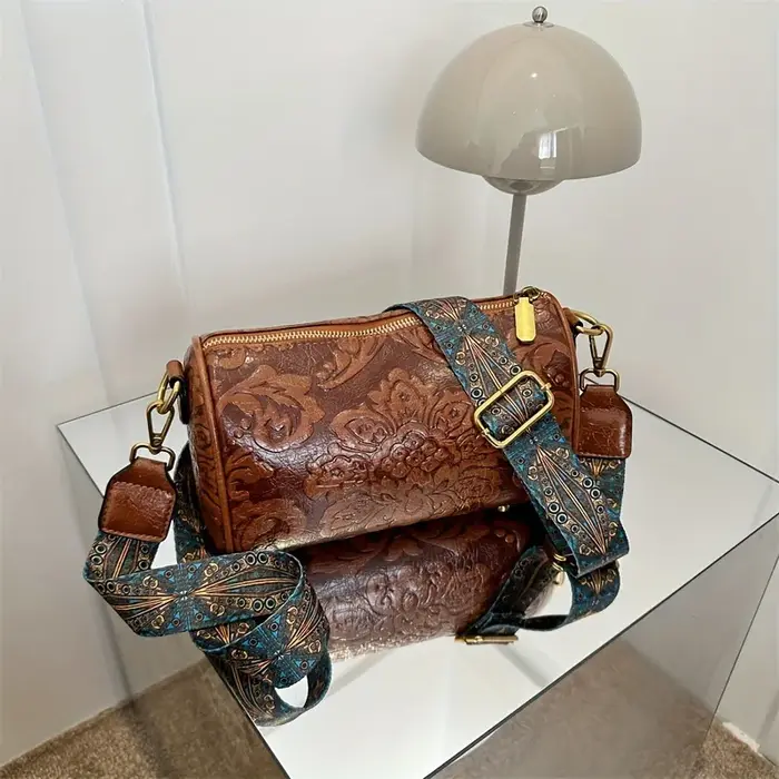 Retro Embossed Flower Leather Shoulder Bag