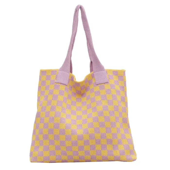 Nouveau Ins sac tricoté mode épaule noir blanc Plaid grand fourre-tout rétro sacs à main pour femme sac à tricoter