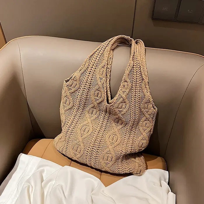 Sac de Shopping à bandoulière tricoté en laine pour femmes, fourre-tout Vintage en tissu de coton po