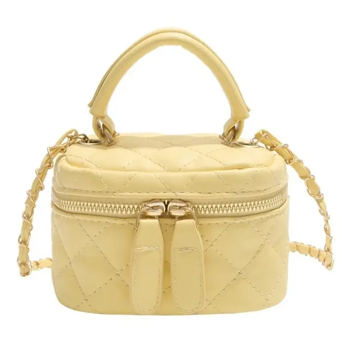 Mini sac seau en cuir matelassé à motif diamant, sac à chaîne à carreaux multicolores avec bandoulière chaîne dorée