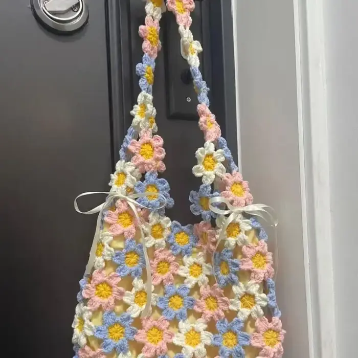 Sac tissé à la main en crochet, matériel DIY, doublure intérieure pour sac, sac d'été à fleurs de ja