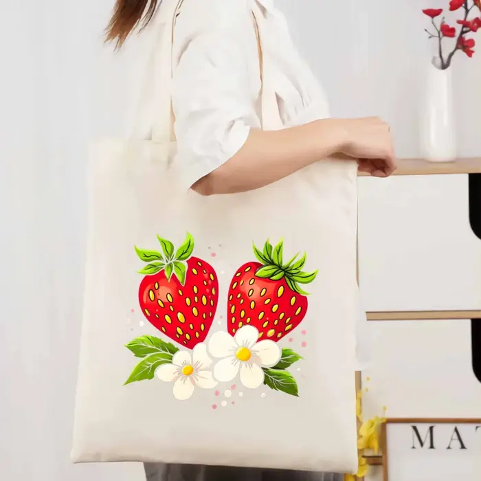 Sac fourre-tout en coton, couleur naturelle, imprimé fraise et fleur, adapté à un usage quotidien, a