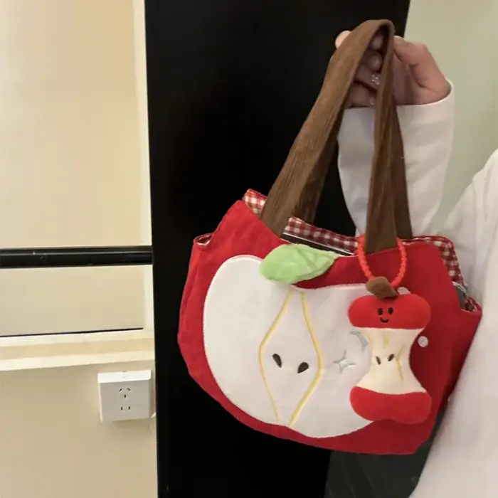 Sac à main pomme rouge créatif et mignon en velours côtelé