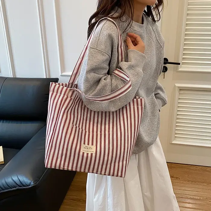 Sac fourre-tout en toile à rayures verticales, grande capacité, écologique, en coton, minimaliste, sac à bandoulière décontracté, pochette quotidienne en tissu