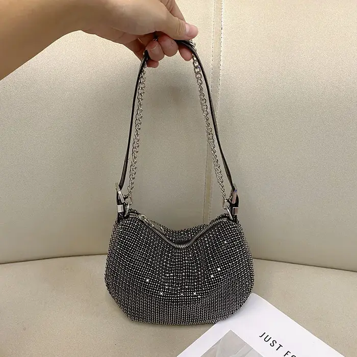 Sac à aisselles en strass, sac semi-rond, transport à une épaule, chaîne personnalisée, sac lunaire.