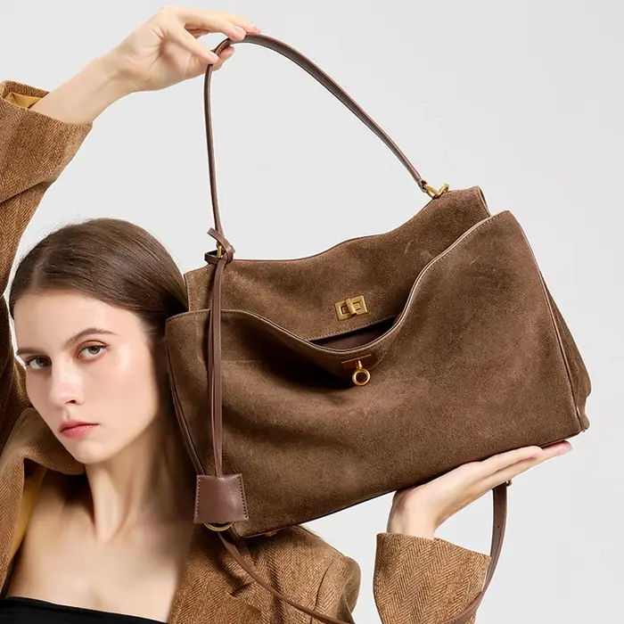 Sac à main en daim et cuir véritable pour femmes, sac à bandoulière de grande capacité, fourre-tout