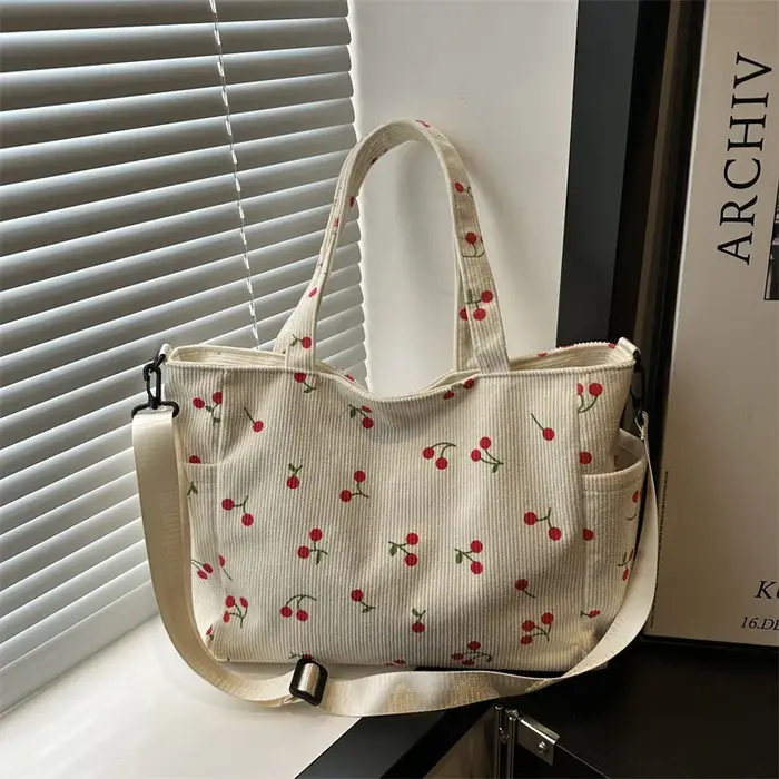 Sac à bandoulière chic en velours côtelé à imprimé cerises avec sangle réglable