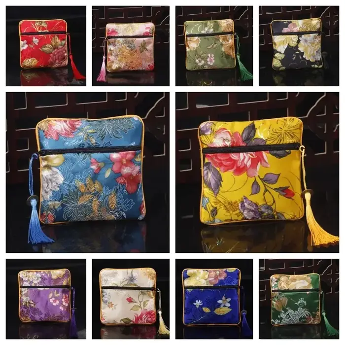 Pochette à monnaie brodée en tissu, motif floral, avec pendentif en cuivre, portefeuille en tissu, sac à maquillage et à rouge à lèvres, organiseur et sac de rangement pour bijoux