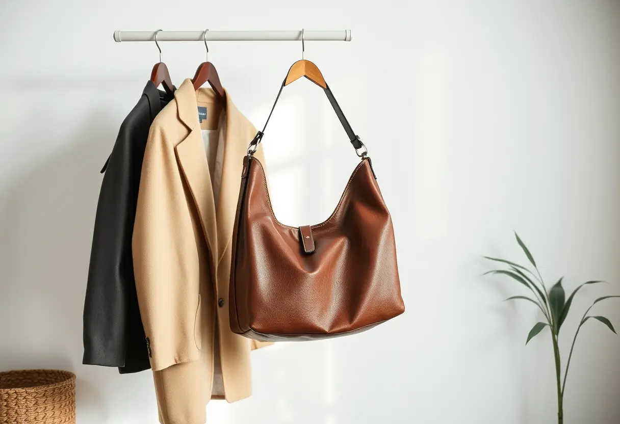 Un sac Hobo accroché à un porte-manteau dans un intérieur minimaliste