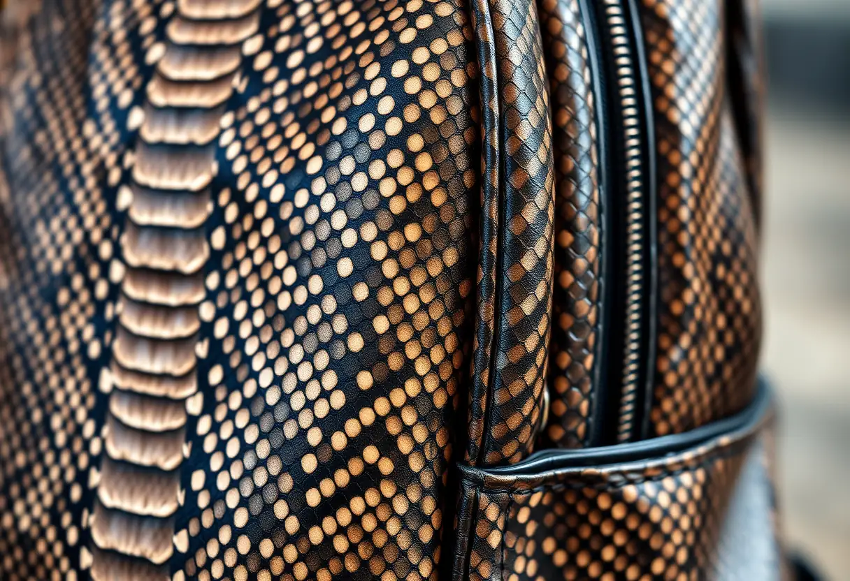 Vue rapprochée du cuir de serpent sur un sac à dos de luxe, mettant en valeur son aspect unique et brillant