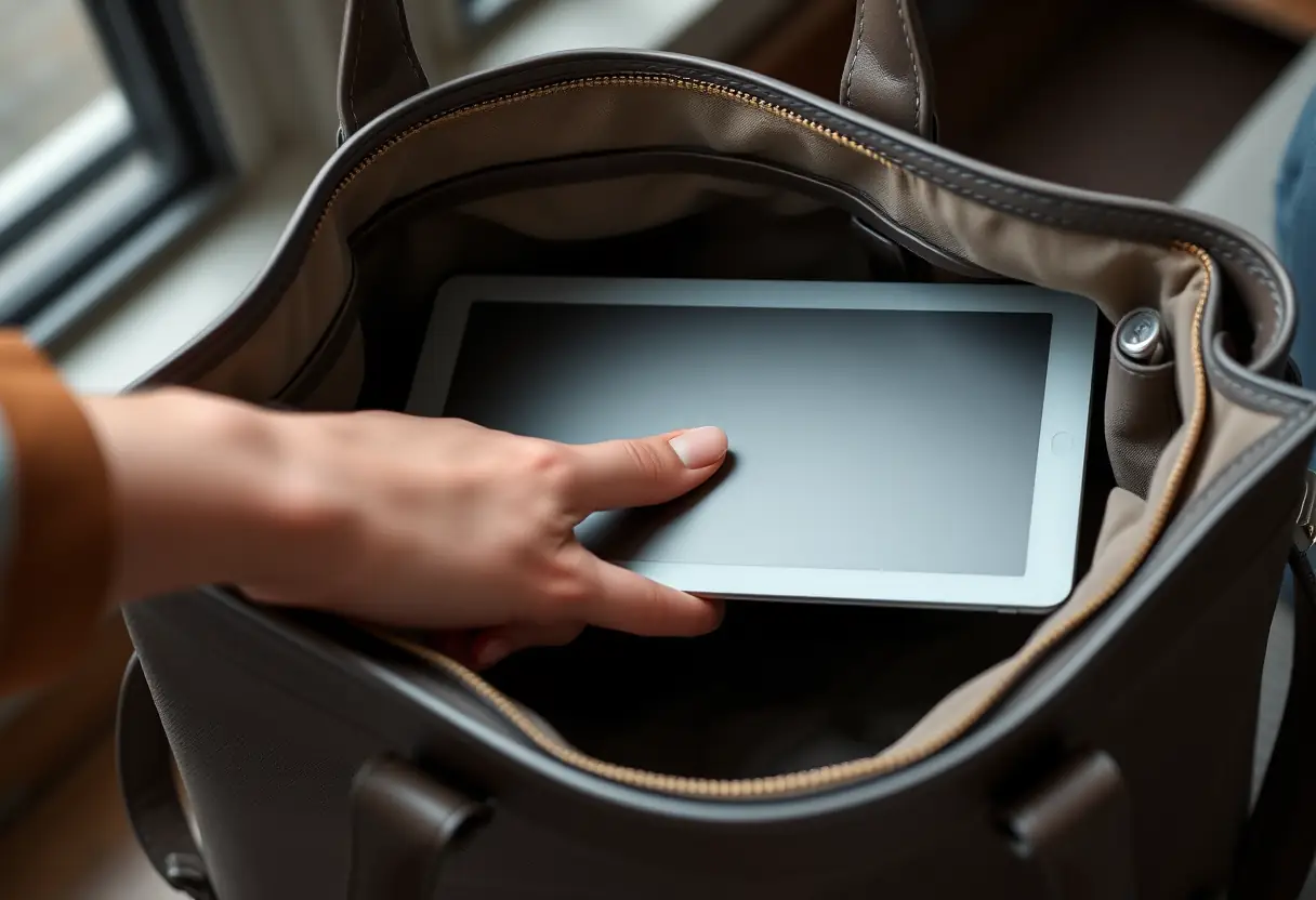 Une main posant délicatement une tablette dans un grand sac à main rectangulaire