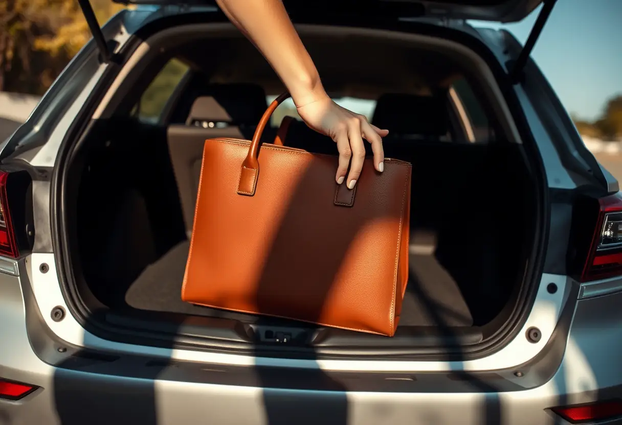 Main posant délicatement un sac à main marron dans le coffre d'une voiture