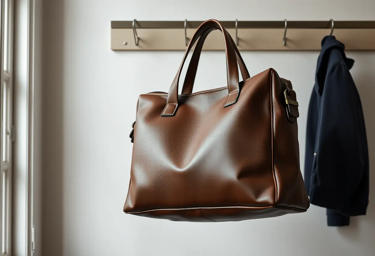Sacoche Michael Kors en cuir synthétique suspendue au porte-manteau