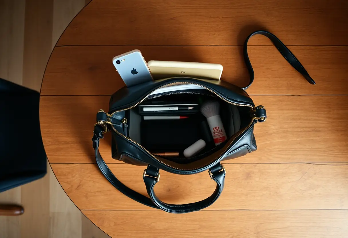 Vue aérienne d'un sac à main noir sur une table avec divers objets personnels